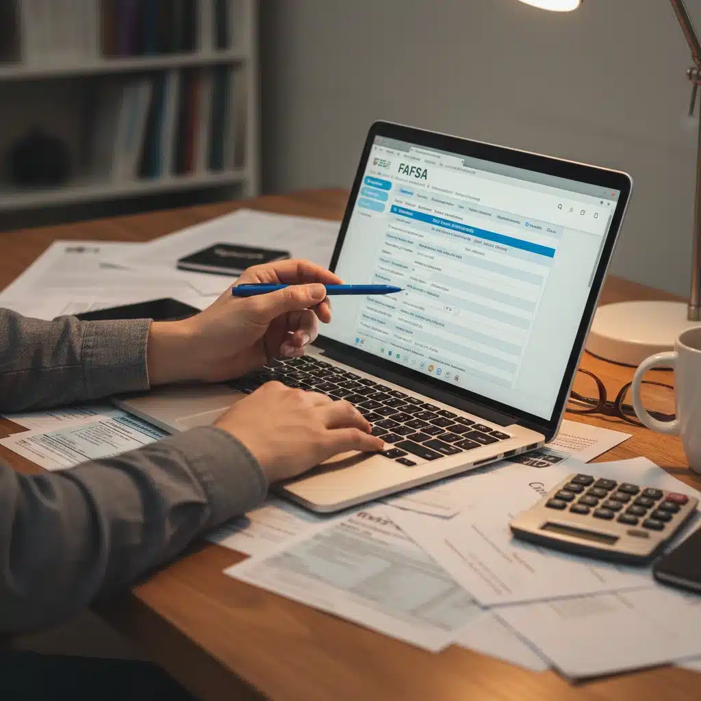 Person filling out FAFSA form on laptop, surrounded by financial documents.