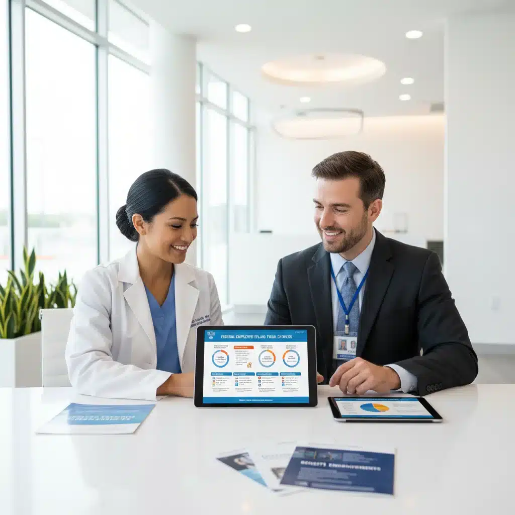 Healthcare professional explaining health insurance to federal employee