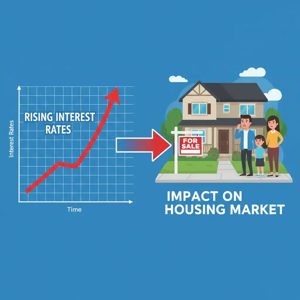 Graph of rising interest rates juxtaposed with a family considering a home purchase, showing housing market impact.