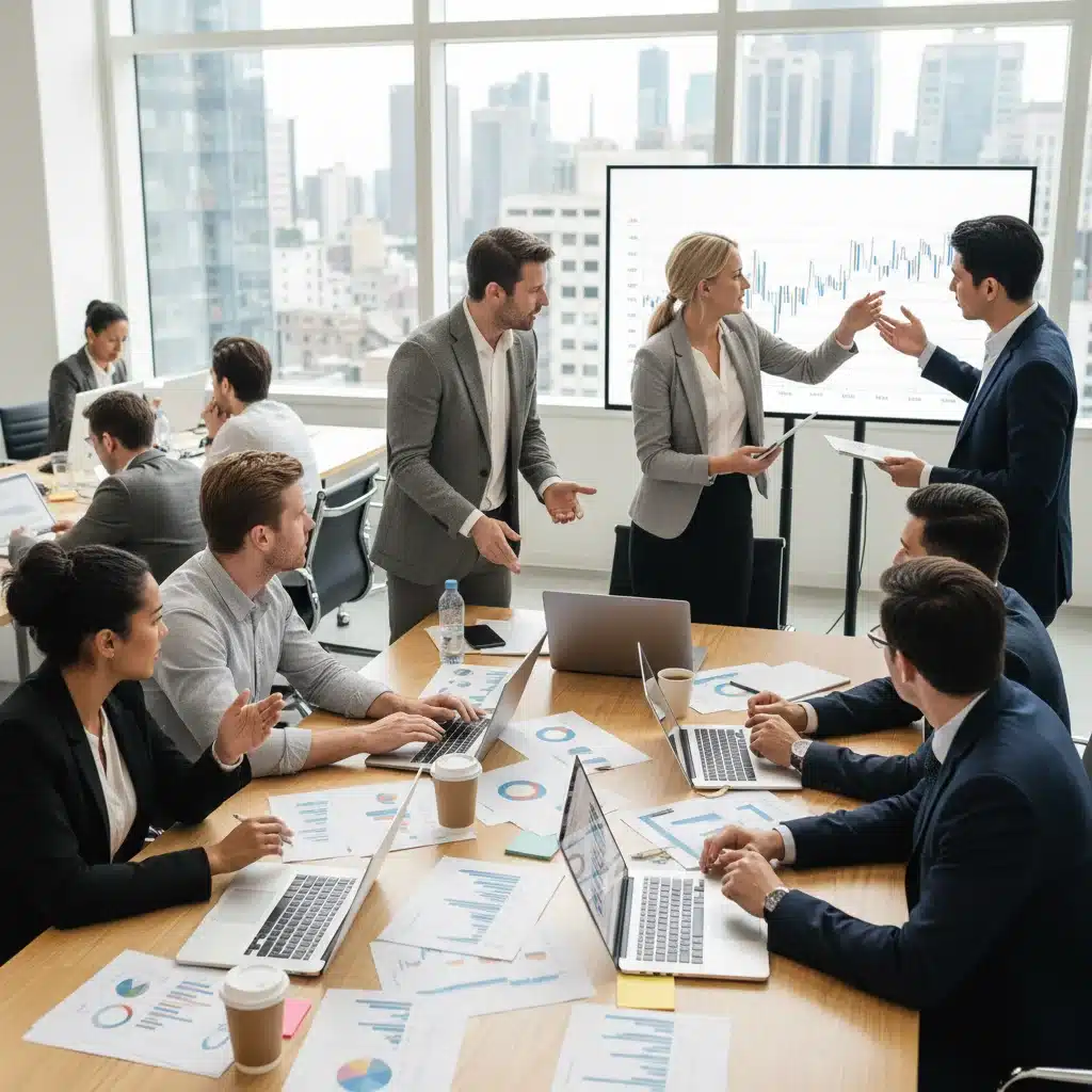 Business professionals discussing financial strategies in an office, reflecting investment responses to economic policy.