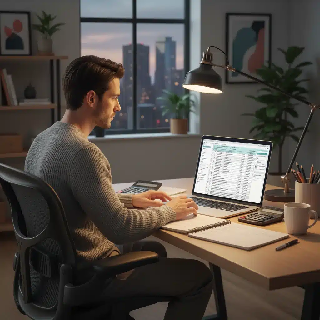 Investor analyzing financial data and tax forms on a laptop, contemplating 2026 capital gains.