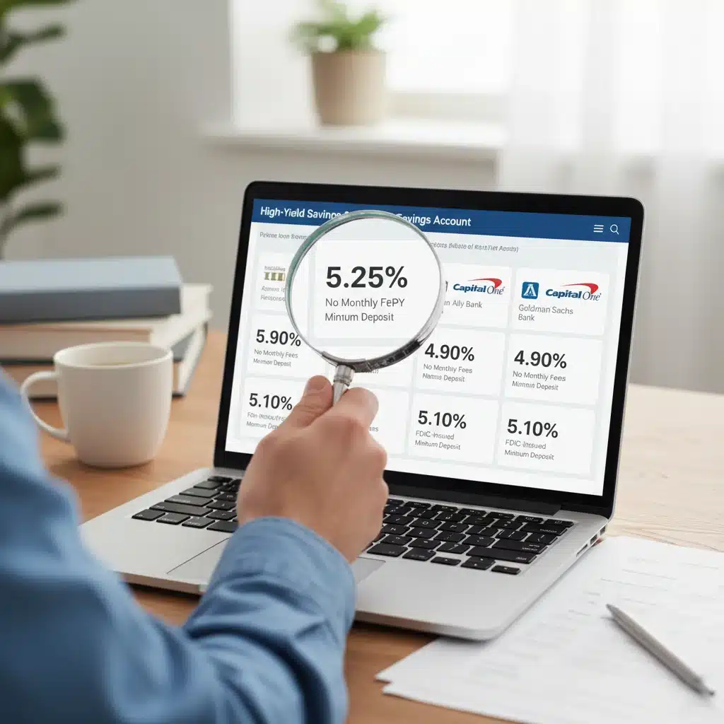 Person researching high-yield savings account rates on a laptop
