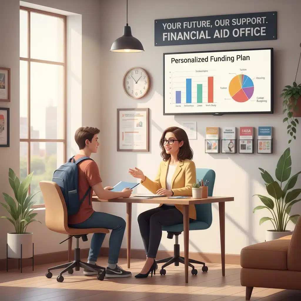 Student consulting financial aid advisor for college funding guidance.