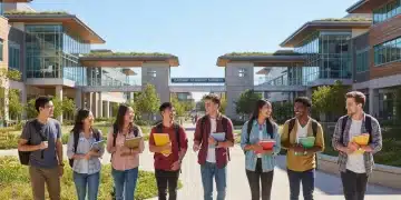 Diverse students on campus with textbooks, symbolizing educational opportunity and success.