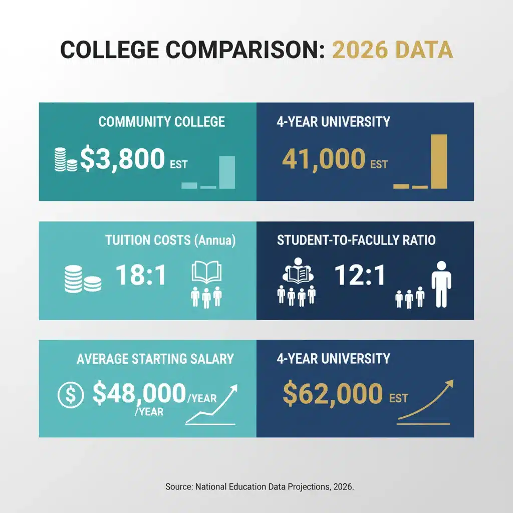 Infographic comparing tuition and outcomes of community college vs. university